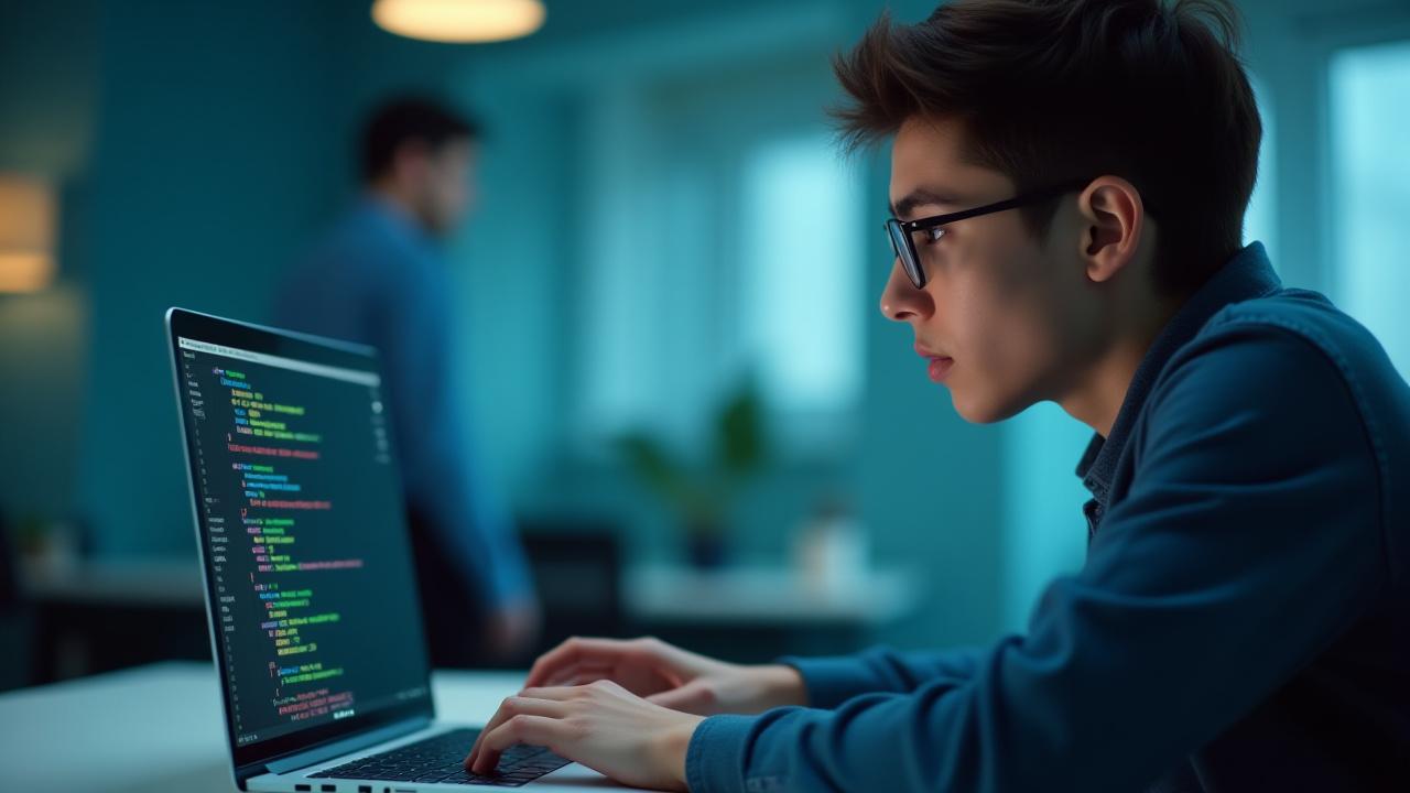 Человек за ноутбуком, на экране которого виден код, символизирующий онлайн-курсы по программированию.